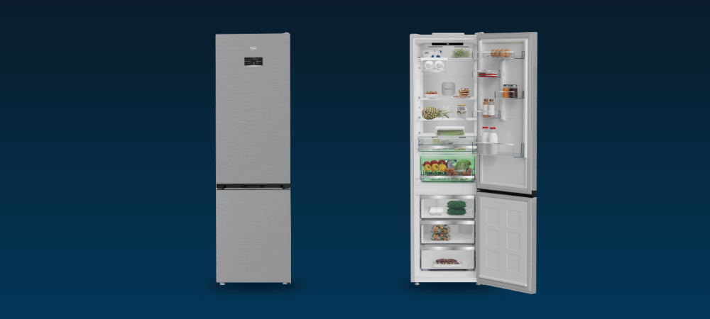 LODÓWKA BEKO B5RCNA416HXBW Widać dwie lodówki obok siebie: jedna zamknięta, druga otwarta z widocznym rozmieszczeniem produktów w środku. Fotografia prezentuje pojemność i ergonomiczny układ półek elektroniczny wyświetlacz sterowanie temperaturą nowoczesny design zmiana kierunku drzwi trwałość 300000 cykli