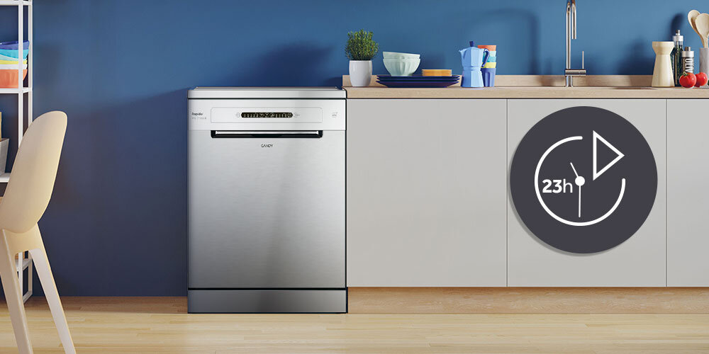 ZMYWARKA CANDY CF 3C7L1S lifestyle kuchnia niebieska ściana zamknięte drzwi zmywarki front infografika dekoracje kuchenne blat opóźnienie startu do 23 godzin