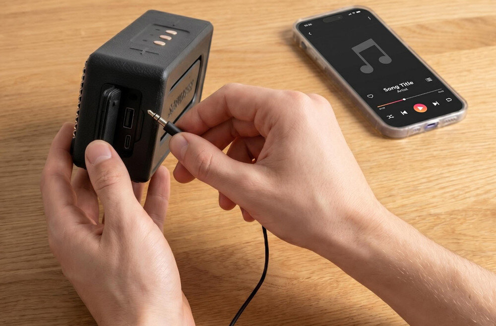 Osoba podłącza kabel do czarnego głośnika mobilnego z widocznym logo \'XMUSIC\'. Obok na stole leży smartfon z otwartą aplikacją muzyczną, na której widać ikonę nuty i tekst \'Song Title\'.