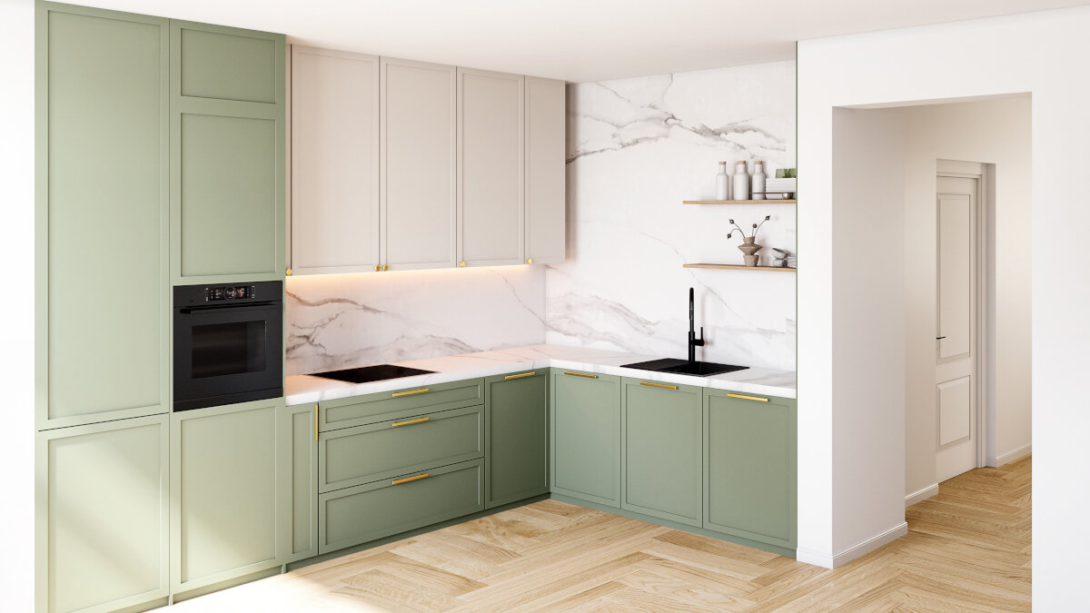 Zlewozmywak jednokomorowy z ociekaczem GLOBALO Design Virella 45.1 wyrafinowana kuchnia w odcieniach zieleni i bieli z czarnym zlewozmywakiem oraz marmurowym wykończeniem ściany