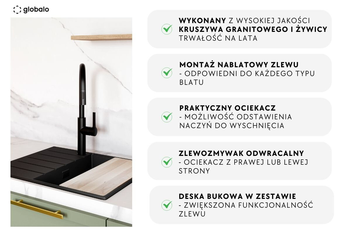 Zlewozmywak jednokomorowy z ociekaczem GLOBALO Design Virella 45.1 Grafika prezentująca zalety granitowego zlewozmywaka z ociekaczem i deską bukową w zestawie infografika cechy najważniejsze informacje