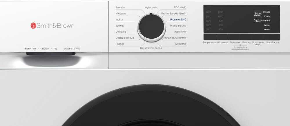 Pralka SMITH&BROWN SWAT-712-W23 BOGATY WYBÓR PROGRAMÓW programy funkcje bawełna mieszane programy szybkie odzież puchowa pościele krótszy czas