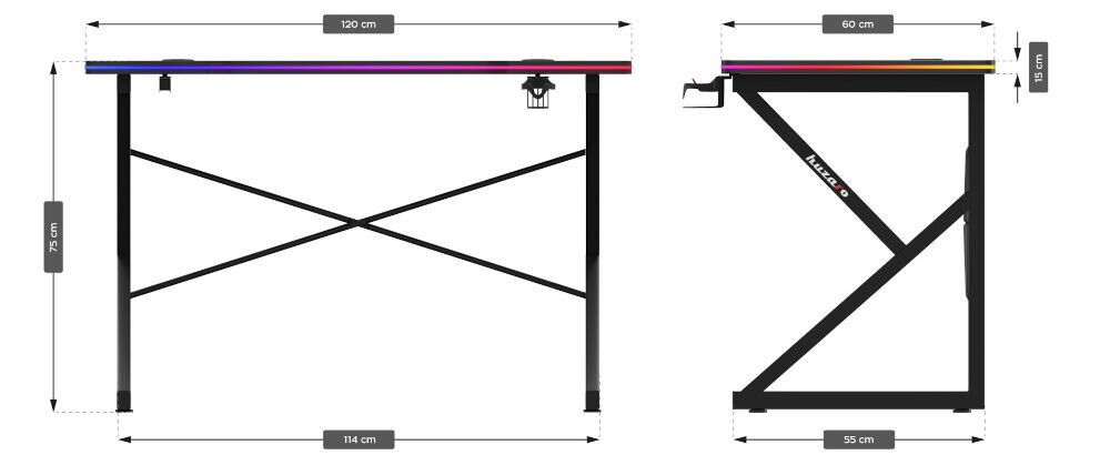 Biurko gamingowe HUZARO Hero 1.7 RGB Czarny prezentacja biurka od przodu i boku oraz jego wymiarów na białym tle wysokość 75 cm podstawa 114 x 55 cm metalowy układ wsporczy blat szerokość 120 cm głębokośc 60 cm RGB uchwyt słuchawki picie