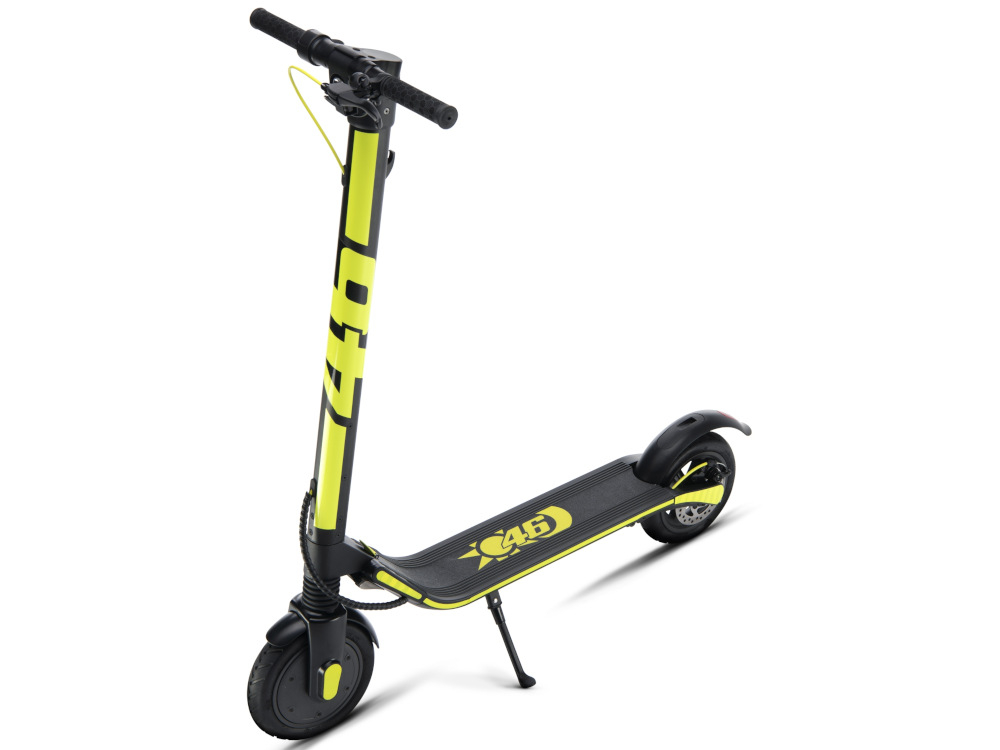 Hulajnoga elektryczna VR46 UP- Czarno-żółty dla osób powyżej 14 roku życia miejska wysokiej jakości elektroniczne podzespoły prosta minimalistyczna konstrukcja odważny niepowtarzalny design fluorescencyjny żółty kolor czarne tło