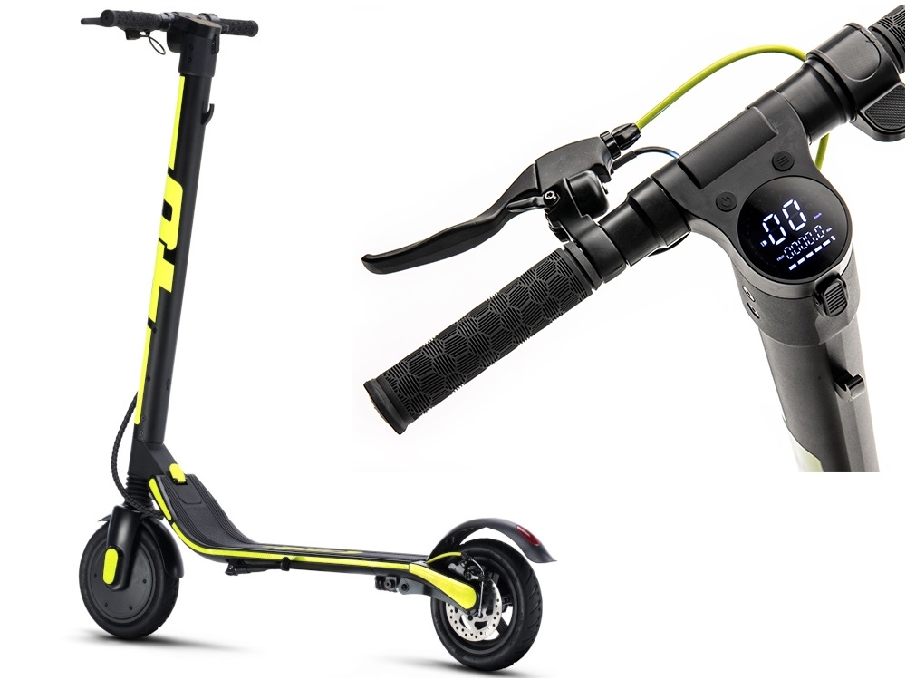 Hulajnoga elektryczna VR46 UP- Czarno-żółty minimalistyczna kierownica w kształcie litery T intuicyjny wyświetlacz trójkolorowy LED bardzo wyraźny