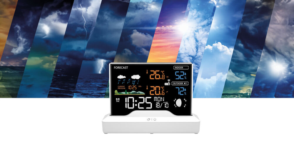 Stacja pogody MANTA Windy MTO100W Biały prognozy czujniki temperatura wilgotność ciśnienie atmosferyczne warunki wewnątrz zewnątrz komfort