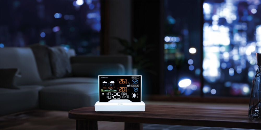 Stacja pogody MANTA Windy MTO100W Biały stylowy dodatek design podświetlenie trzy poziomy zasilanie sieciowe bateryjne 