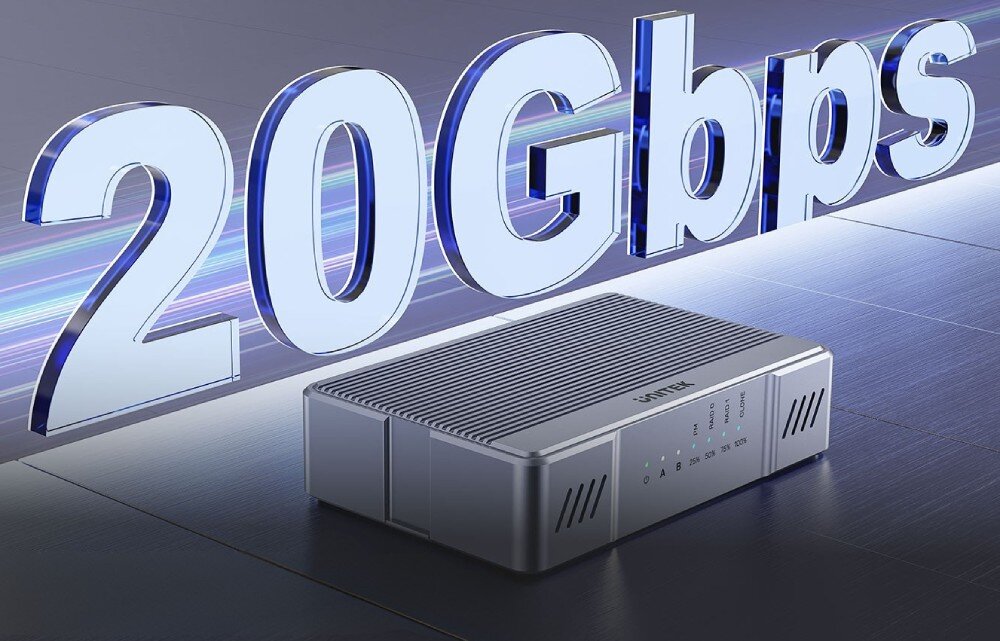 Na obrazie widoczna jest srebrna obudowa dysku z logo UNITEK, obok której znajduje się duży napis \'20Gbps\'.