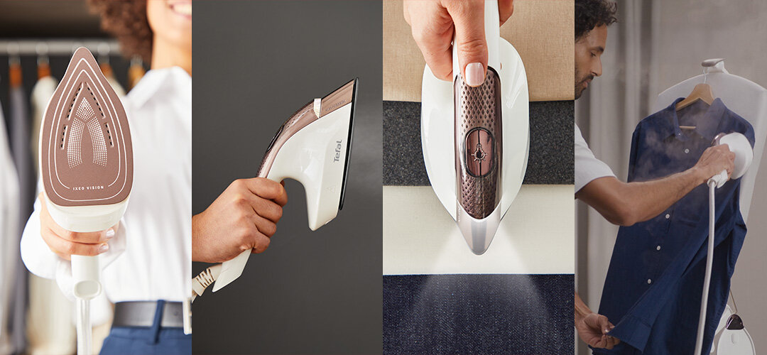 Cztery ujęcia ze zbliżeniem na parownicę ze stacji QT181. Urządzenie prasuje różne tkaniny.