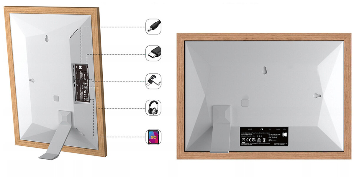 Ramka cyfrowa KODAK RCF-1012W Brązowy 32GB SD Przedstawienie ramki od tyłu z opcją podłączenia różnych portów