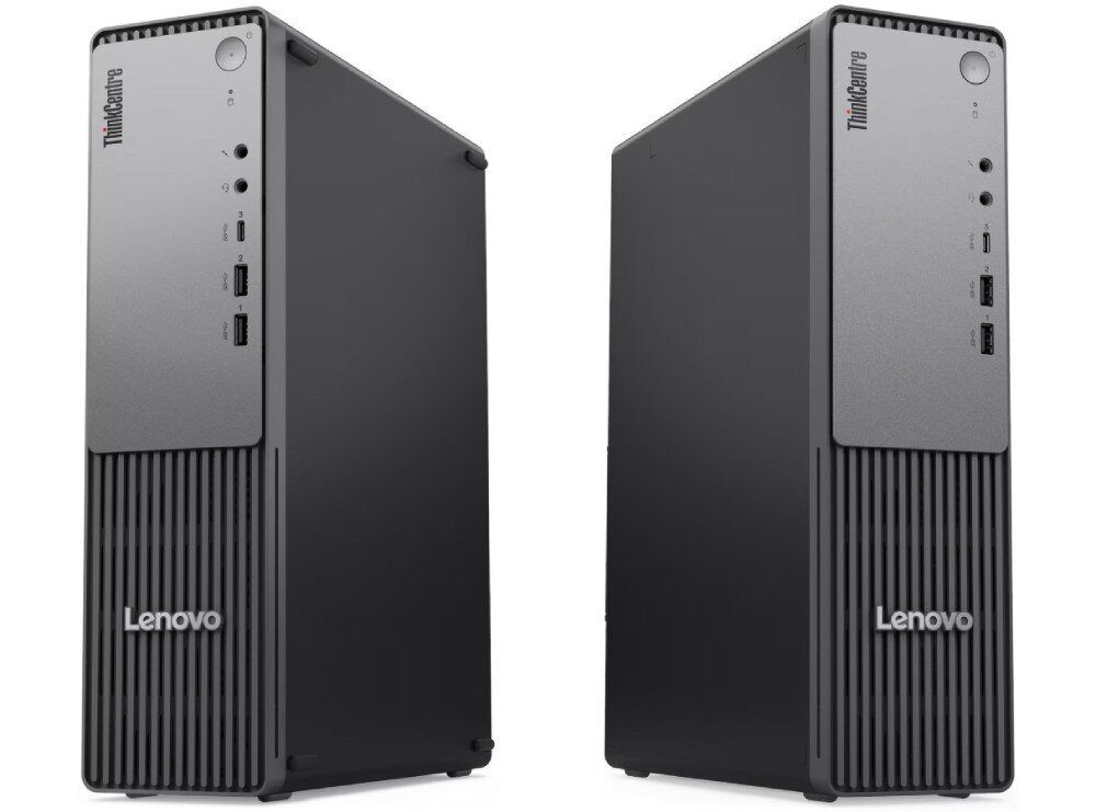Komputer LENOVO ThinkCentre neo 55s Gen 6 Dwie pionowe obudowy komputera stacjonarnego ustawione obok siebie pod lekkim kątem, z widocznym przednim panelem z portami oraz boczna ścianką