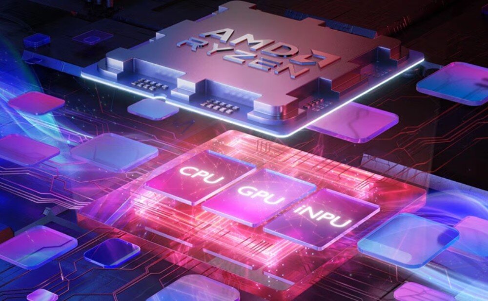 Komputer LENOVO ThinkCentre neo 55s Gen 6 Grafika przedstawiająca procesor z napisem 'AMD RYZEN' umieszczony nad podświetloną płytką z oznaczeniami 'CPU', 'GPU' oraz 'NPU'
