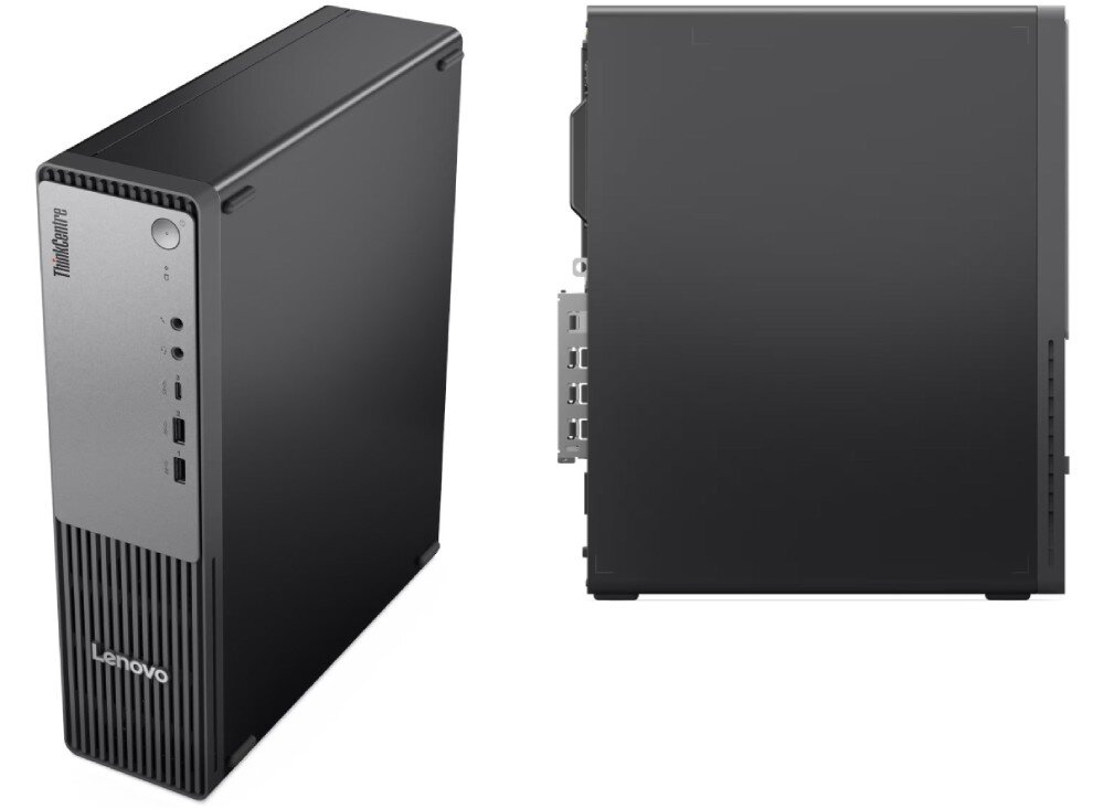 Komputer LENOVO ThinkCentre neo 55s Gen 6 Komputer stacjonarny pokazany z dwóch stron: w ujęciu z przodu i boku pod kątem oraz z boku w pełnym profilu