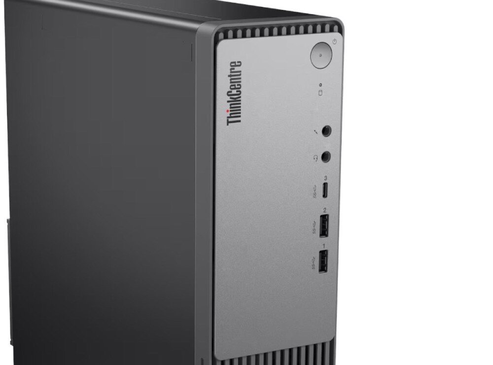 Komputer LENOVO ThinkCentre neo 55s Gen 6 Zbliżenie na przedni panel obudowy komputera z przyciskiem zasilania, gniazdami audio oraz portami USB
