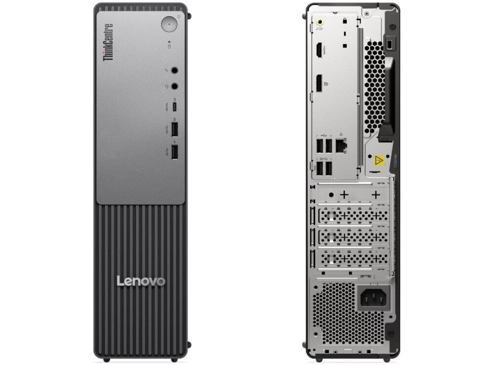 Komputer LENOVO ThinkCentre neo 55s Gen 6 Przedni panel komputera stacjonarnego zestawiony z tylnym panelem, na którym widoczne są porty wejścia, wyjścia oraz gniazdo zasilania