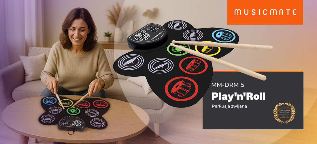 Perkusja elektroniczna MUSICMATE MM-DRM15 PLAY N ROL - Zwiń, rozłóż, zagraj, osoba grająca na preksuji na stoliku