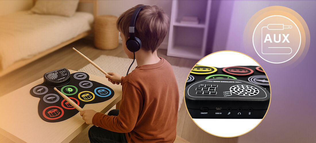 Perkusja elektroniczna MUSICMATE MM-DRM15 PLAY N ROL - Perkusja w wersji mobilnej, osoba grająca na preksuji na stoliku