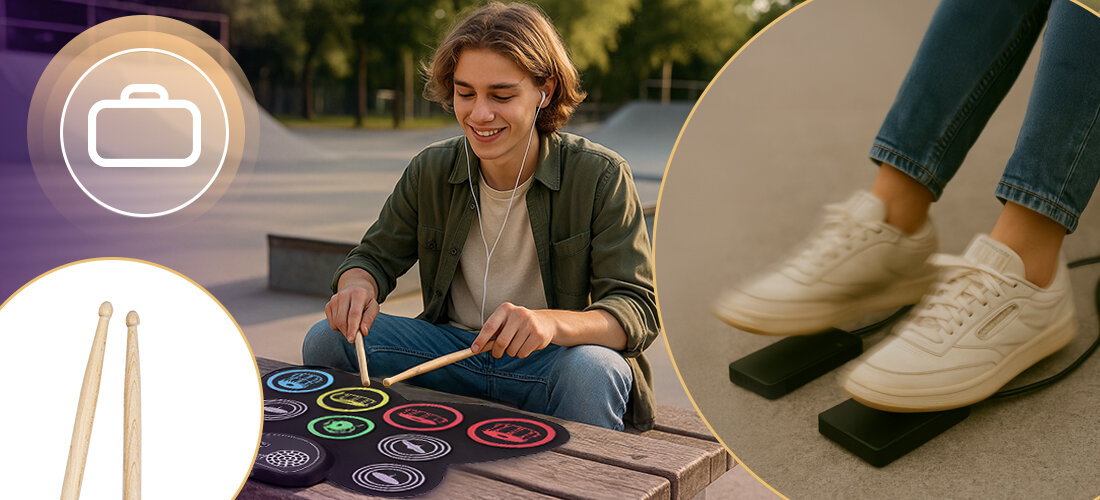 Perkusja elektroniczna MUSICMATE MM-DRM15 PLAY N ROL - Realistyczna gra, osoba grająca na preksuji w plenerze