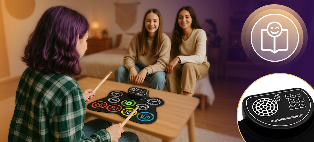 Perkusja elektroniczna MUSICMATE MM-DRM15 PLAY N ROL - Twórz, odtwarzaj i poprawiaj, osoba grająca na preksuji na stoliku