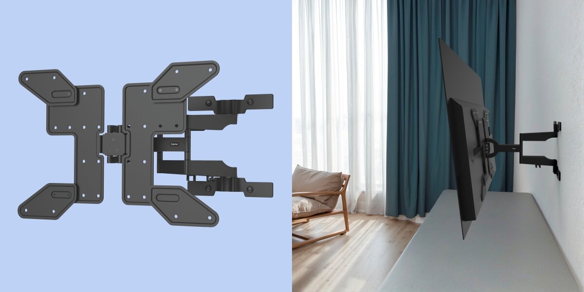 Uchwyt HAMA do TV 37-90 cali Fullmotion 220852 Czarny uchwyt do telewizora z pełną regulacją oraz widok boczny ekranu wysuniętego na podwójnym ramieniu.