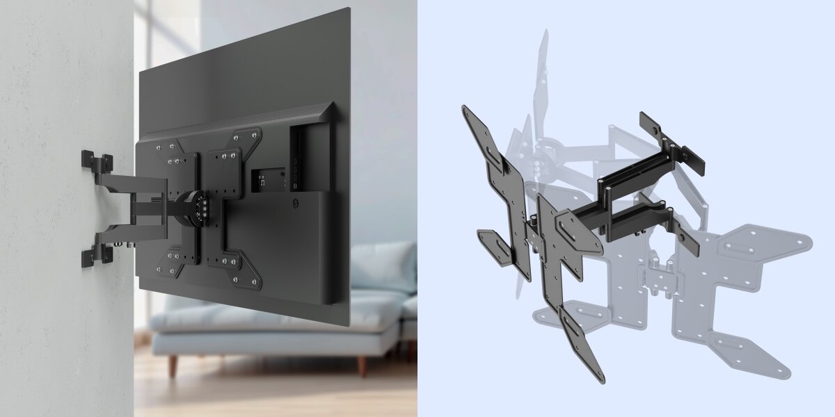 Uchwyt HAMA do TV 37-90 cali Fullmotion 220852 Tylny widok telewizora na regulowanym uchwycie ściennym oraz schemat pokazujący szeroki zakres obrotu ramienia.