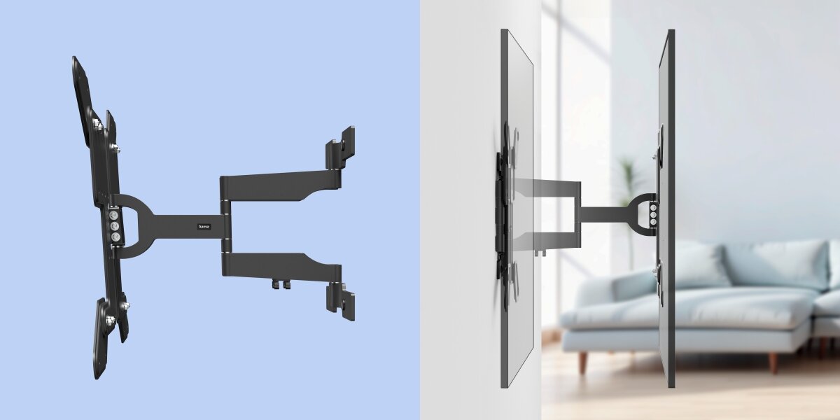Uchwyt HAMA do TV 37-90 cali Fullmotion 220852 Porównanie nachylenia uchwytu TV – funkcja pochyłu ekranu w górę i w dół dla lepszego kąta widzenia.