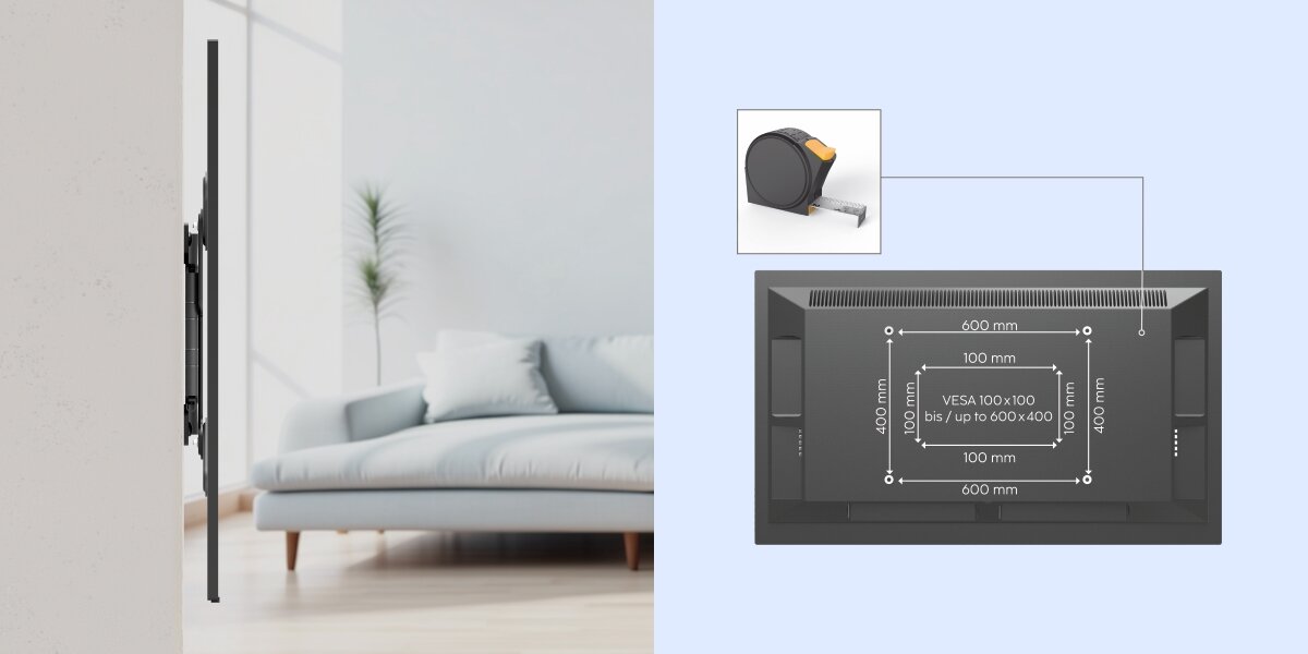 Uchwyt HAMA do TV 37-90 cali Fullmotion 220852 Smukły profil uchwytu TV przy ścianie oraz schemat kompatybilności ze standardem VESA od 100x100 do 600x400 mm.