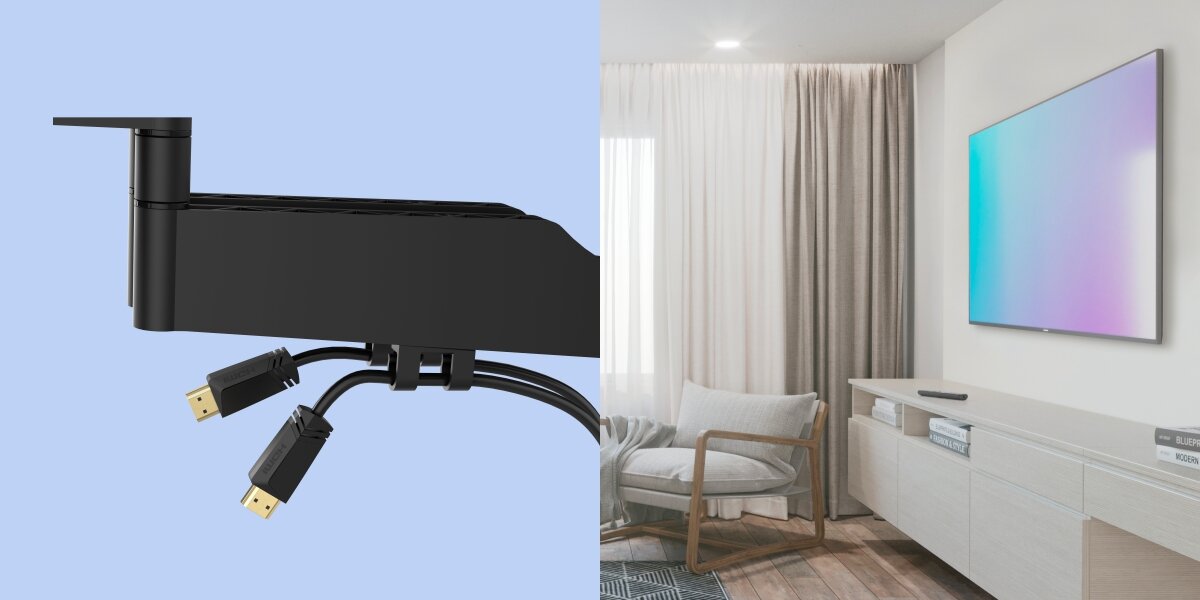 Uchwyt HAMA do TV 37-90 cali Fullmotion 220852 Zintegrowany system zarządzania kablami w uchwycie telewizyjnym z widocznymi przewodami HDMI uporządkowanymi pod ramieniem.