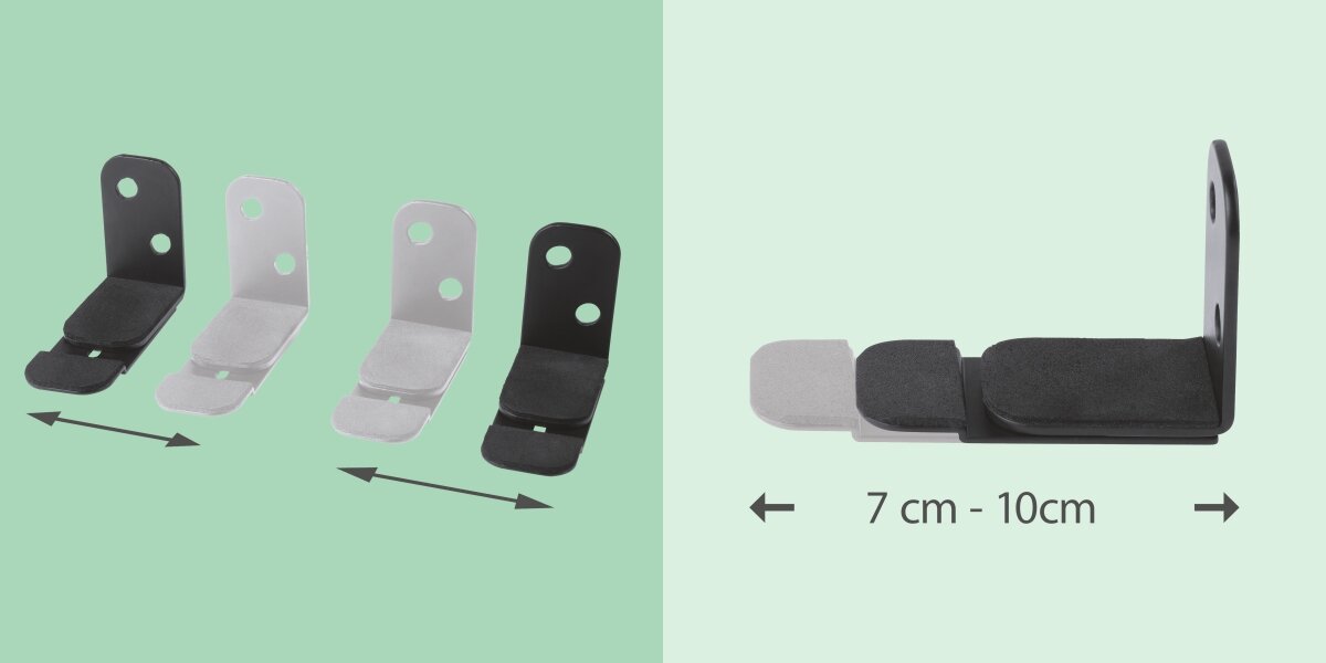 Uchwyt do soundbara HAMA 220883 Regulacja głębokości uchwytu do soundbara w zakresie od 7 cm do 10 cm. Grafika pokazuje rozsuwany mechanizm ramion, pozwalający na dopasowanie do różnych modeli głośników.