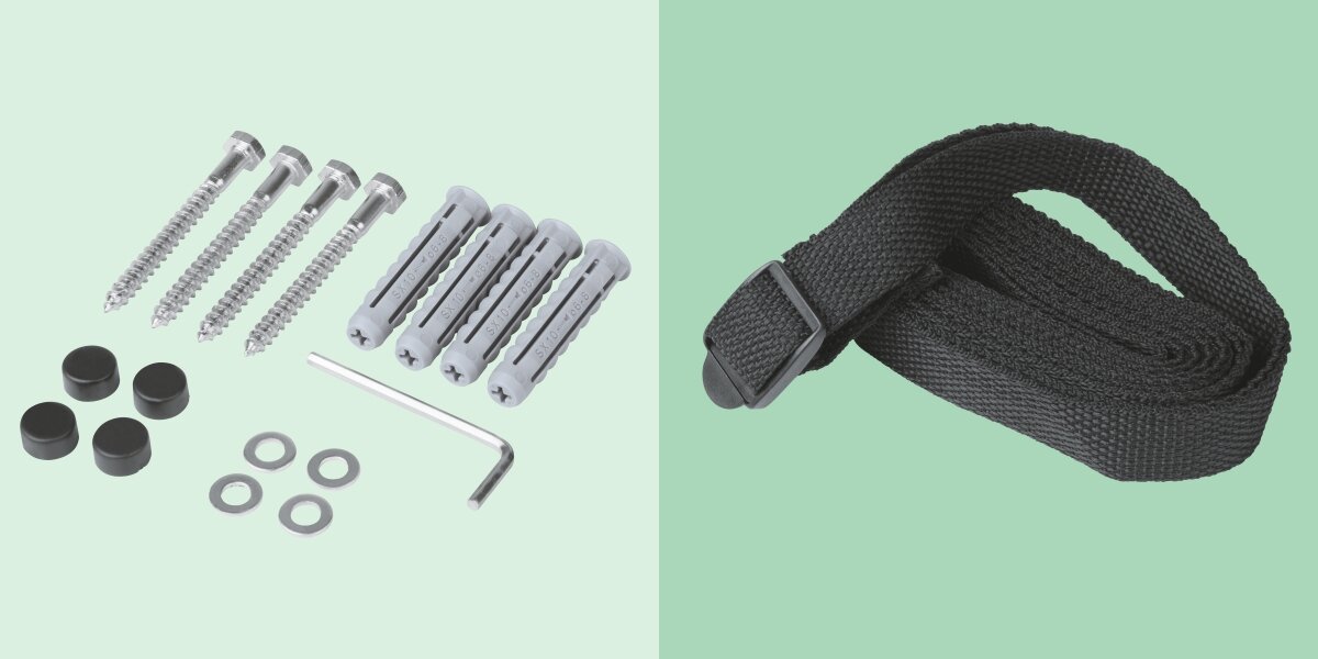 Uchwyt do soundbara HAMA 220883 Zawartość zestawu montażowego do soundbara: śruby i kołki marki Fischer, podkładki, klucz imbusowy oraz materiałowy pasek zabezpieczający urządzenie przed spadnięciem.