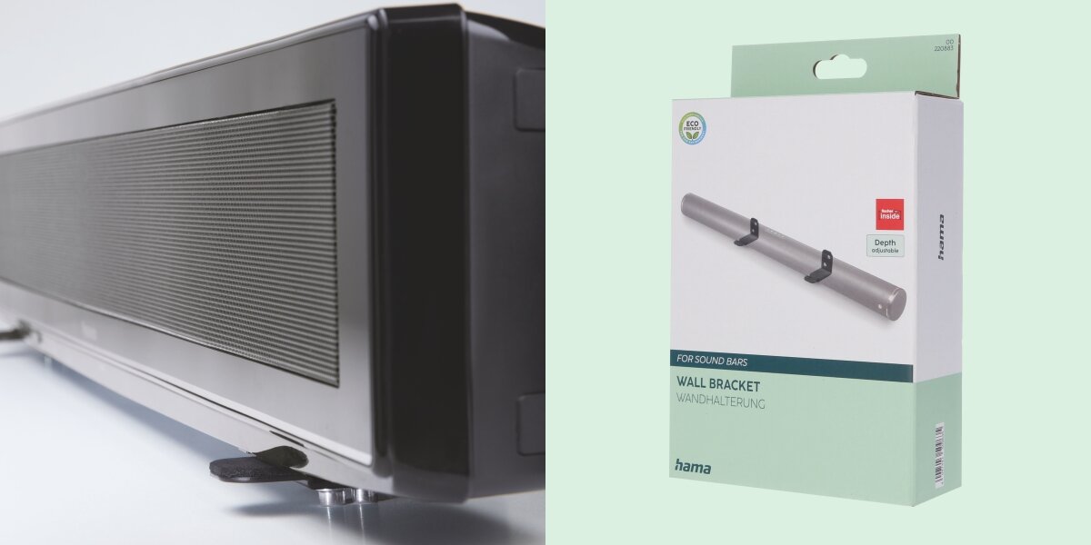 Uchwyt do soundbara HAMA 220883 Zbliżenie na soundbar spoczywający na wsporniku oraz opakowanie produktu Hama Wall Bracket for Soundbars z informacją o ekologicznym podejściu (Eco Friendly).