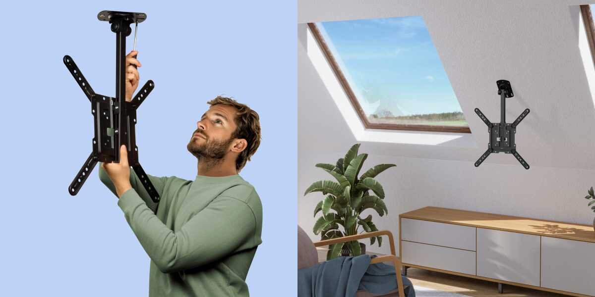 Uchwyt HAMA do TV 32-65 cali 220877 Czarny Mężczyzna regulujący wysokość uchwytu sufitowego Hama oraz widok produktu zamontowanego na białym skosie poddasza.