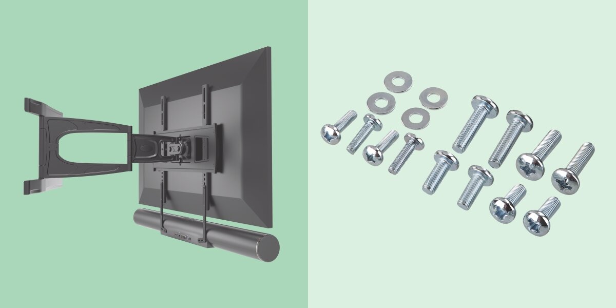 Uchwyt do soundbara HAMA 220884 Widok z tyłu na telewizor z zamontowanym uchwytem ściennym i soundbarem oraz zestaw dołączonych śrub montażowych i podkładek. 