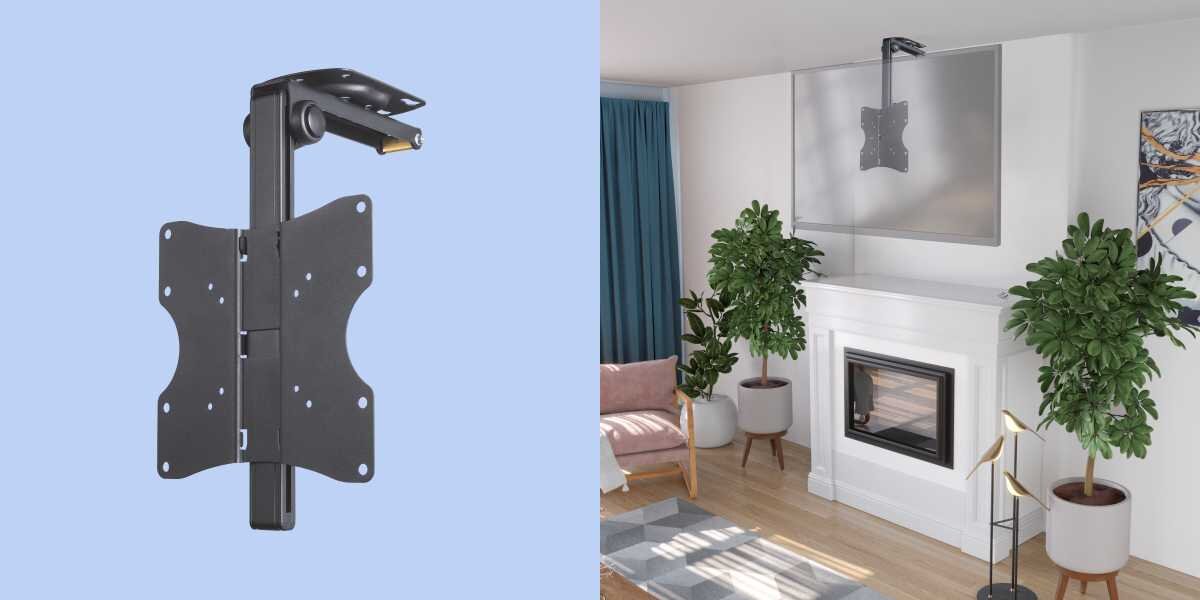 Uchwyt HAMA do TV 19-46 cali 220876 Czarny uchwyt sufitowy do telewizora z regulacją oraz wizualizacja montażu nad kominkiem w nowoczesnym salonie. 