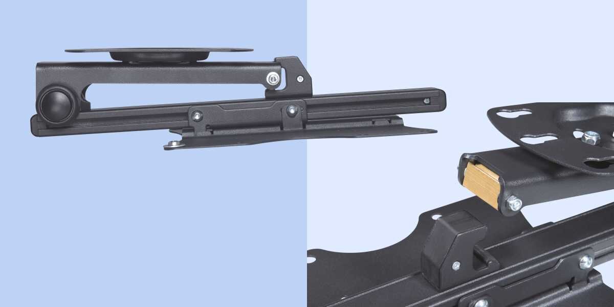 Uchwyt HAMA do TV 19-46 cali 220876 Detale konstrukcyjne składanego uchwytu podsufitowego do telewizora z widocznym mechanizmem blokującym. 