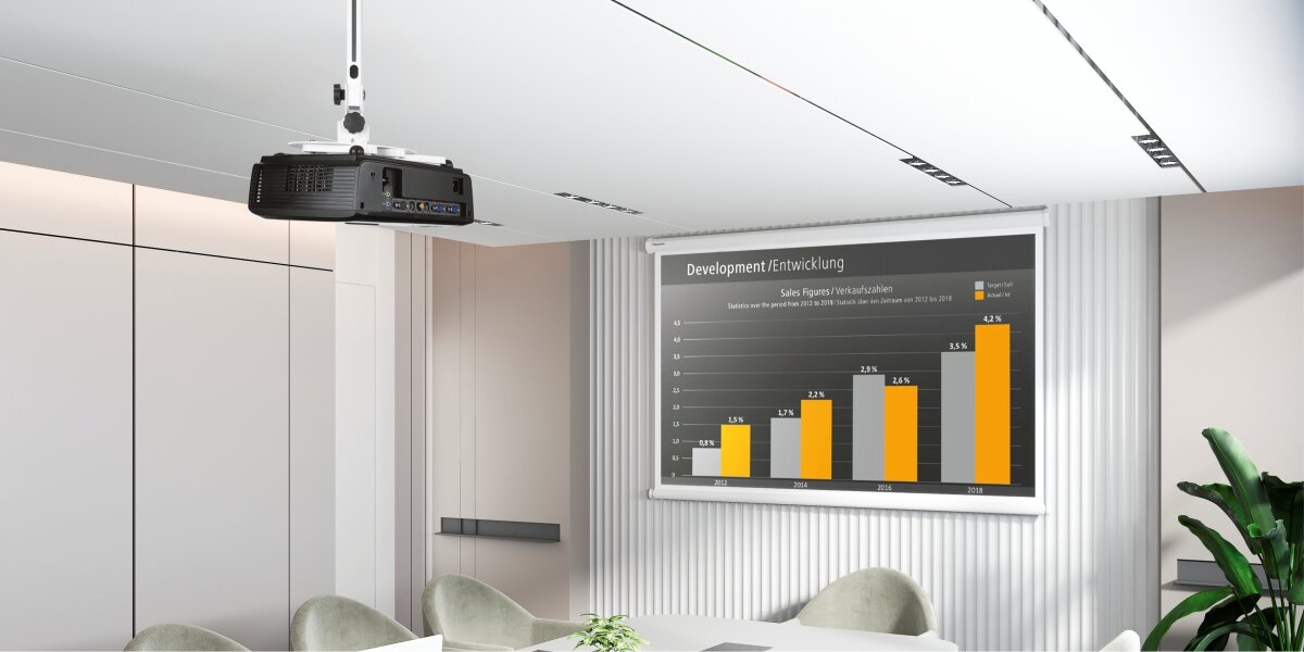 Uchwyt sufitowo-ścienny HAMA 220880 Maksymalne obciążenie 15 kg Biały Czarny projektor zamontowany na białym uchwycie sufitowym w nowoczesnej sali konferencyjnej, wyświetlający wykresy na ekranie.