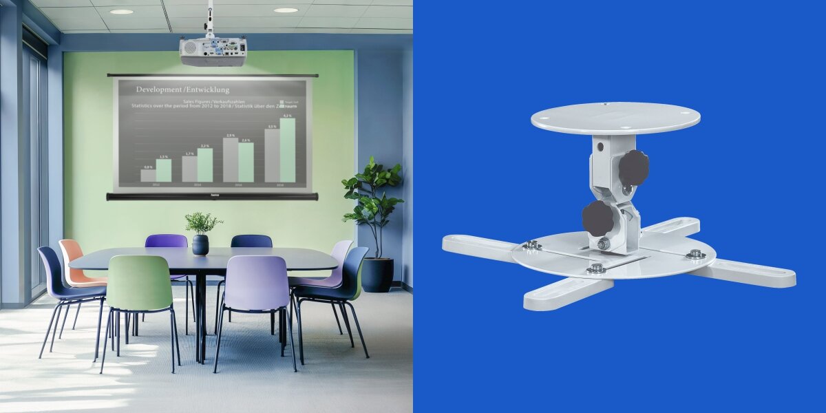 Uchwyt sufitowo-ścienny HAMA 220880 Maksymalne obciążenie 15 kg Biały Wizualizacja projektora w biurze oraz zbliżenie na krótki montaż sufitowy uchwytu z regulacją nachylenia za pomocą pokręteł.