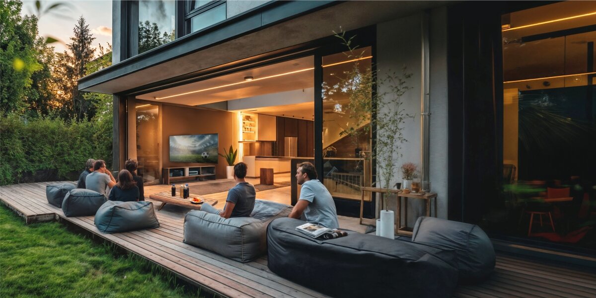 Uchwyt HAMA do TV 19-48 cali 220855 Biało-czarny Grupa osób oglądająca mecz piłki nożnej na dużym telewizorze w nowoczesnym salonie z wyjściem na taras.