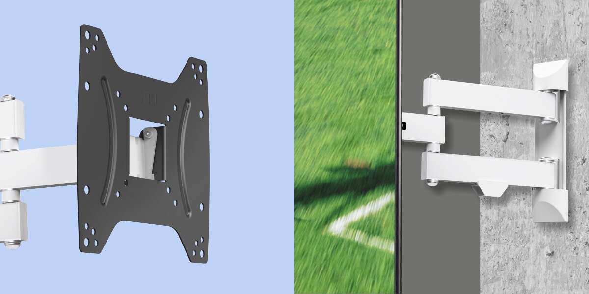 Uchwyt HAMA do TV 19-48 cali 220855 Biało-czarny Zbliżenie na czarną płytę montażową VESA oraz białe ramię uchwytu telewizyjnego zamontowanego na betonowej ścianie.