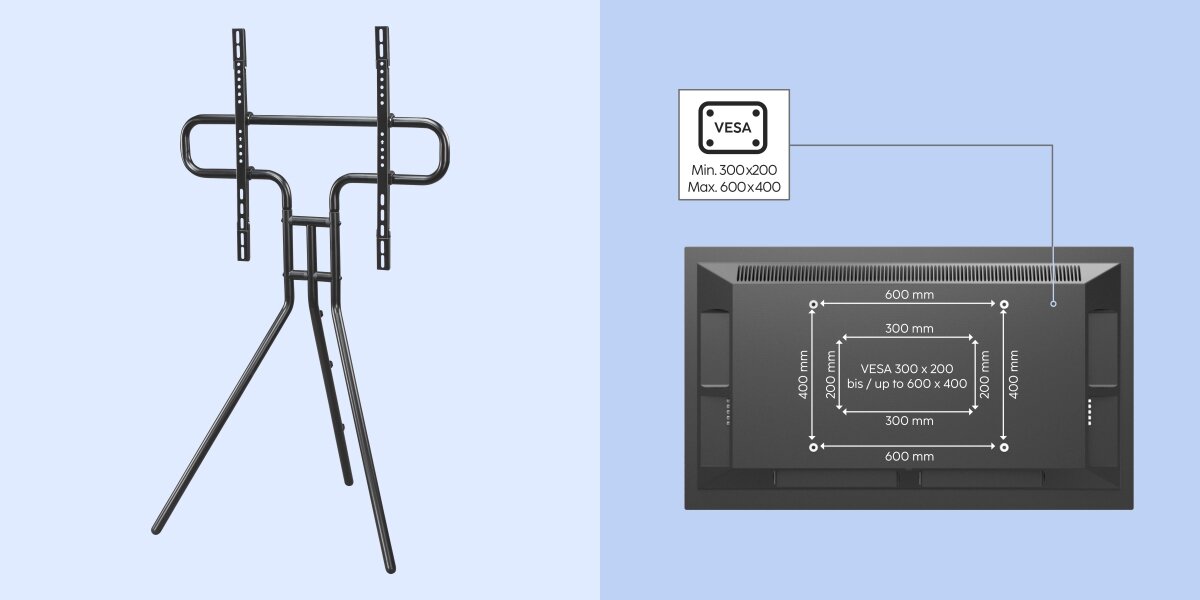 Stojak podłogowy HAMA do TV 37-75 cali 220870 Czarny Konstrukcja stalowego stojaka na TV trójnóg oraz schemat rozstawu śrub VESA od 300x200 mm do 600x400 mm.