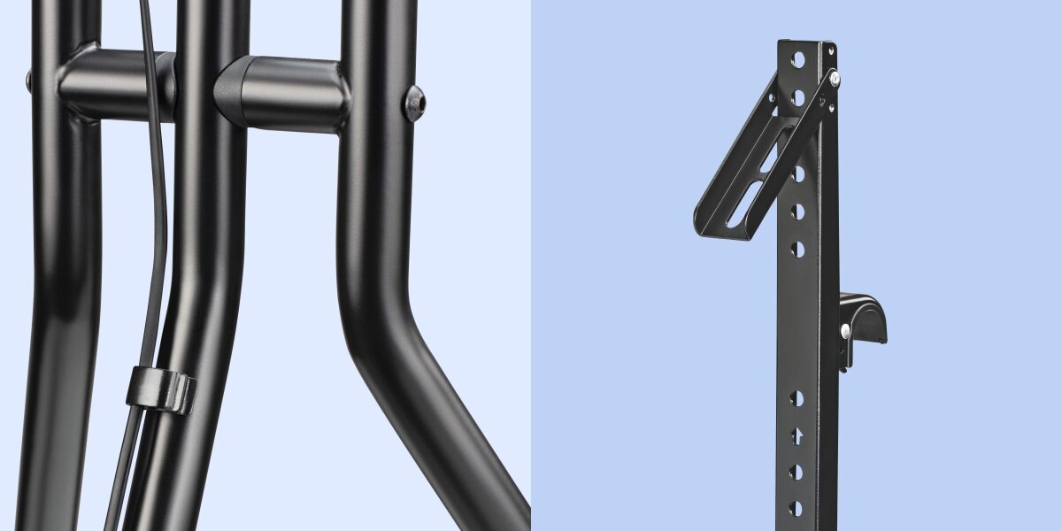 Stojak podłogowy HAMA do TV 37-75 cali 220870 Czarny Detale montażowe stojaka pod telewizor: system zarządzania kablami oraz pionowa szyna z otworami regulacyjnymi.