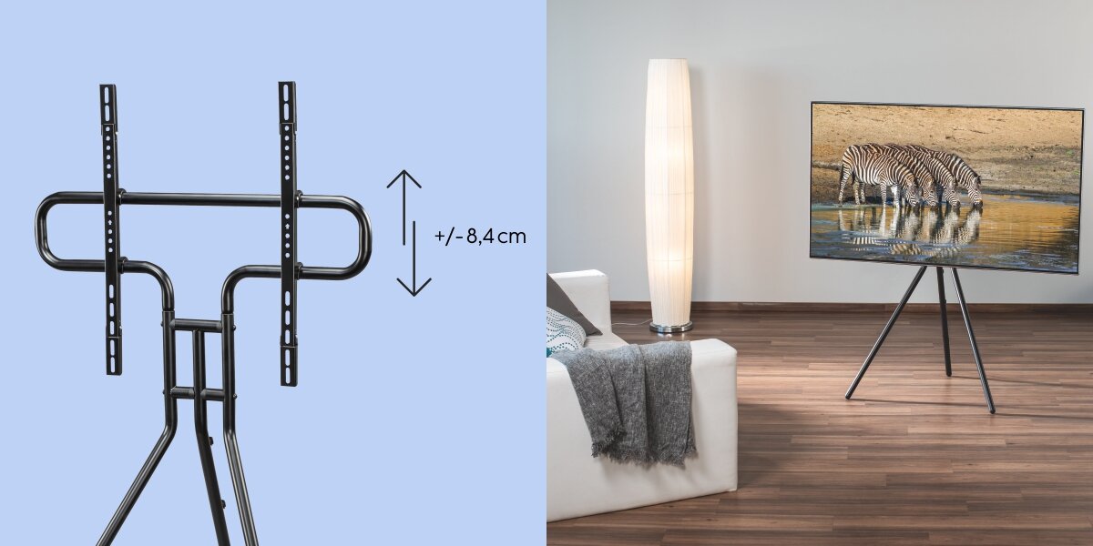 Stojak podłogowy HAMA do TV 37-75 cali 220870 Czarny Prezentacja regulacji wysokości stojaka TV o 8,4 cm oraz wizualizacja telewizora ze stojakiem w nowoczesnym wnętrzu.