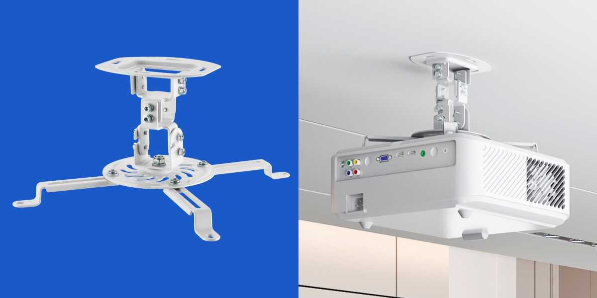 Uchwyt sufitowy HAMA 220879 Maksymalne obciążenie 13.5 kg Porównanie białego uchwytu do projektora na niebieskim tle oraz widoku projektora zamontowanego pod sufitem.