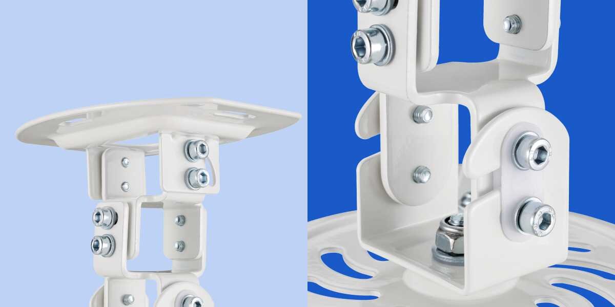 Uchwyt sufitowy HAMA 220879 Maksymalne obciążenie 13.5 kg Detale konstrukcyjne białego uchwytu do projektora: zbliżenie na solidne śruby regulacyjne i mechanizm mocowania.