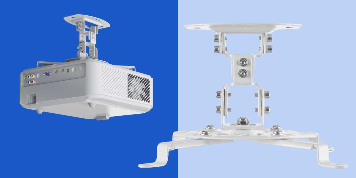 Uchwyt sufitowy HAMA 220879 Maksymalne obciążenie 13.5 kg Widok na biały uchwyt sufitowy z zamontowanym projektorem oraz zbliżenie na regulowane ramiona montażowe uchwytu.