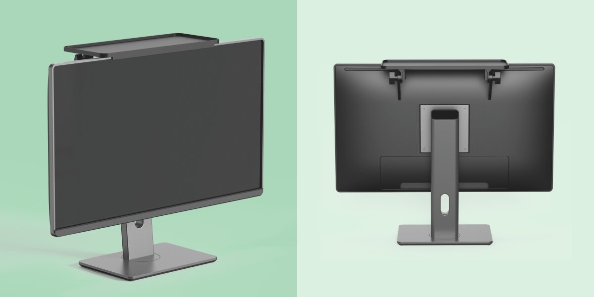 Półka na monitor HAMA 220889 - Uniwersalne zastosowanie, obciążenie do 6 kg, monitor po skosie z zamontowaną półką na zielonym tle