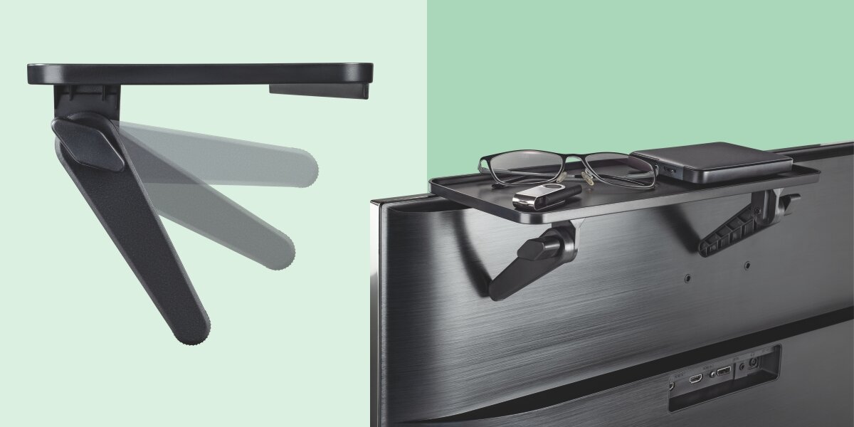 Półka na monitor HAMA 220889 - Wzmocnione trzymanie, trzypunktowe podparcie, dwa składane wsporniki, półka z boku na zielonym tle