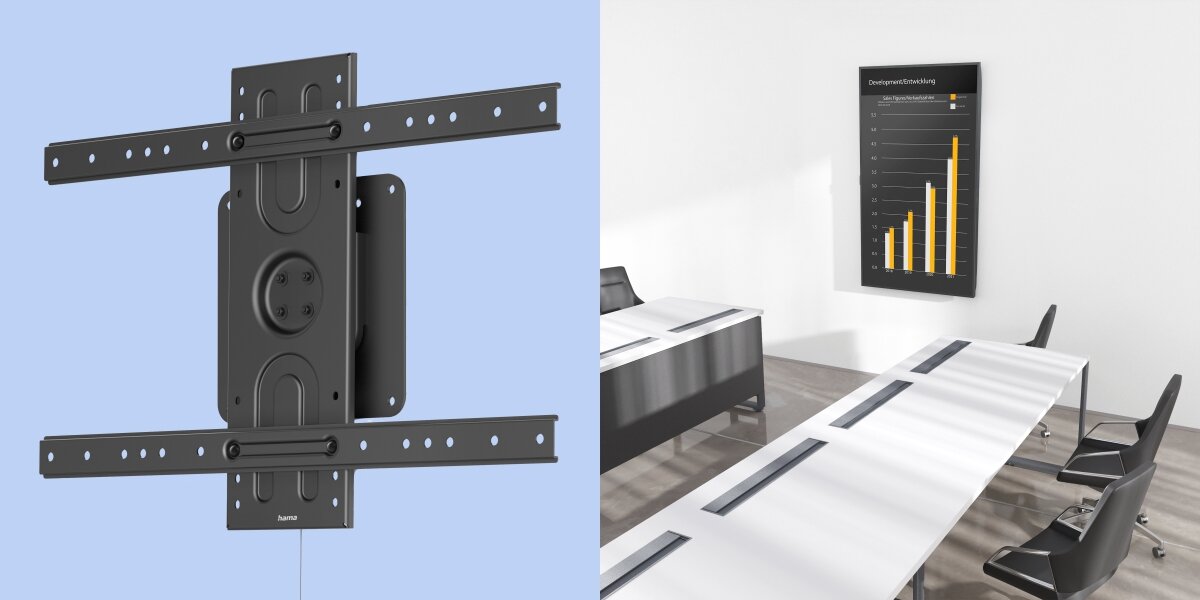 Uchwyt do TV HAMA 37-80 cali, obrót 360 stopni Czarny uchwyt ścienny Hama z funkcją rotacji zestawiony z widokiem sali konferencyjnej, gdzie ekran jest zamontowany pionowo.