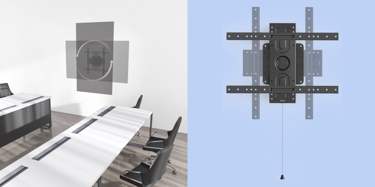Uchwyt do TV HAMA 37-80 cali, obrót 360 stopni Prezentacja funkcji obrotu o 90 stopni (funkcja Pivot) pozwalająca na łatwą zmianę orientacji ekranu z poziomej na pionową.