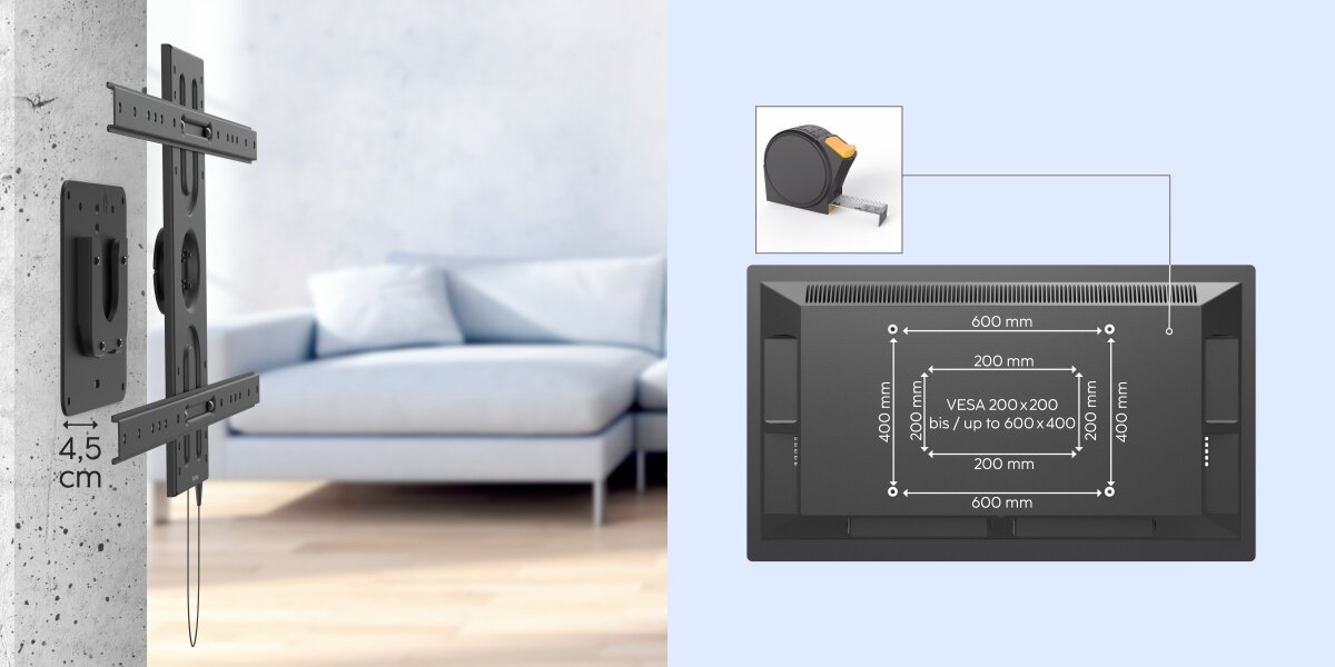 Uchwyt do TV HAMA 37-80 cali, obrót 360 stopni Parametry techniczne uchwytu: odległość od ściany 4,5 cm oraz schemat VESA obsługujący standardy od 200x200 do 600x400 mm.
